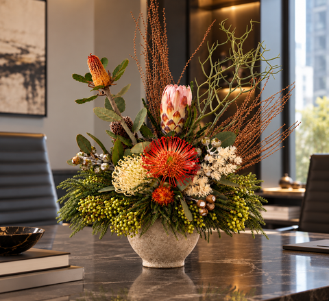 Solstice - Luxury Native Flower Arrangement in Vase in an office setting featuring orange red pin cushion, white warratah and wattle reindeer
