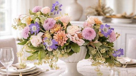 Decorative floral arrangement on a table with white tablecloth and dinnerware.