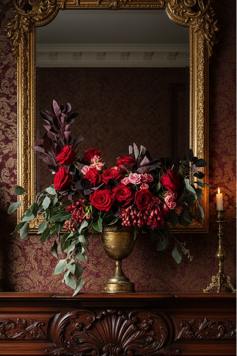 Luxury red rose floral arrangement
Featuring premium red and pink roses and seasonal textural elements