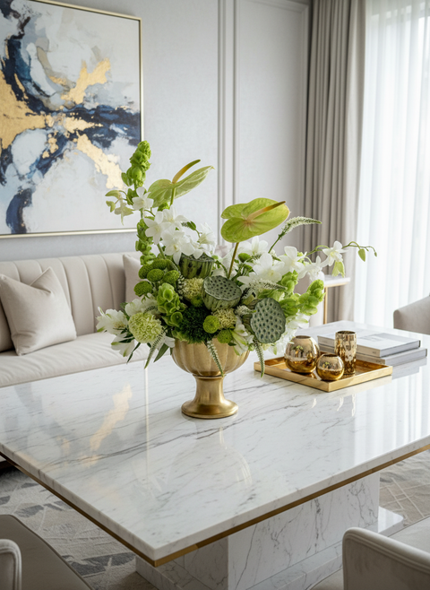 Luxury green and white floral arrangement with orchids, anthurium, and sculptural textures. A modern, elegant statement piece for refined gifting or interiors.