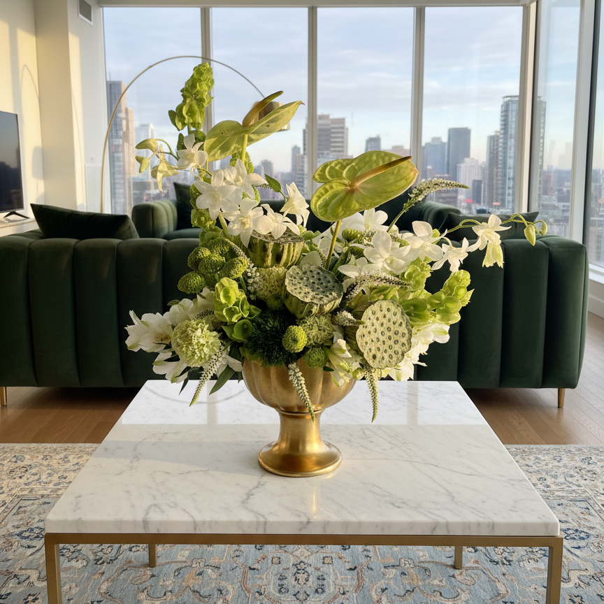 Green and white floral arrangement in a gold vase on a marble table with a cityscape view in the background