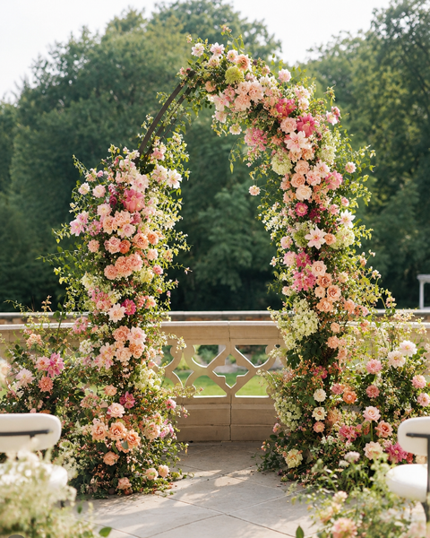 Floral arbour decorated with pink and white flowers on a patio with greenery in the background.