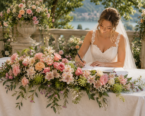Woman in a wedding dress signing a document at a decorated table with flowers.