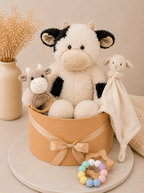 Featuring the irresistibly cuddly Wilbur the Cow Plush, the beautifully soft Lulu the Lamb Comfort Blanket, the handcrafted Crochet Cow Ring Rattle, and a premium Pastel Rainbow Silicone & Beechwood Teething Ring, this luxury baby hamper combines timeless keepsakes with practical essentials that babies and parents will adore.