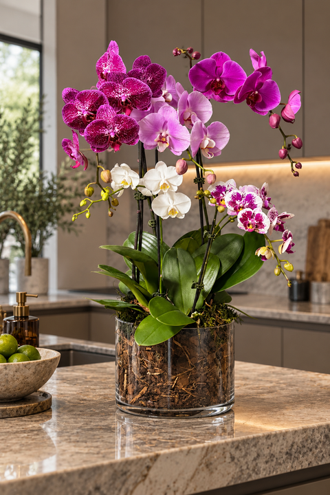 masquerade pink and purple large luxurious potted orchid arrangement  on kitchen bench